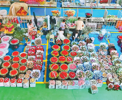 斗南花市，各色花束等待出售。 　　刘 怡摄（人民视觉）