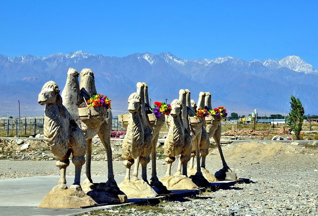 竖立在中哈霍尔果斯国际边境合作中心哈方区域的骆驼雕像。摄影/章轲